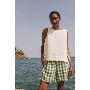Amour Linen Mia Gingham 100% Linen Green White Plaid High Waist Shorts Large